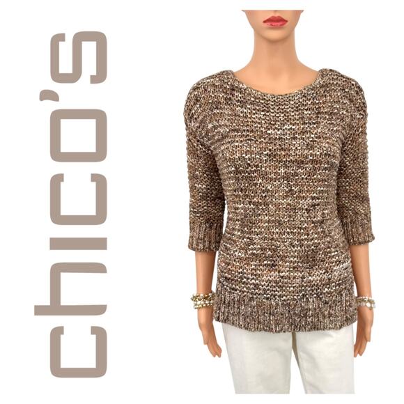 Chicos Autumn Chunky Marled Knit Sweater Size S Brown Textured Neutral Fall Cozy - Picture 11 of 11